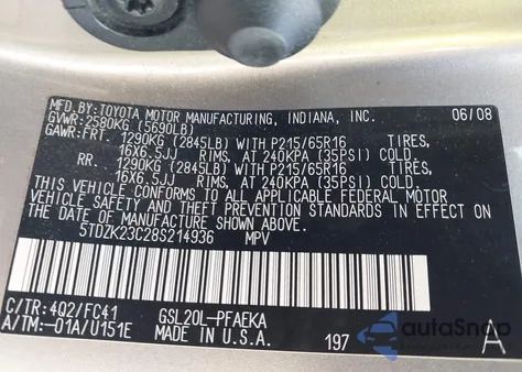 2008 Toyota Sienna Le z USA, uszkodzony, nr VIN 5TDZK23C28S214936